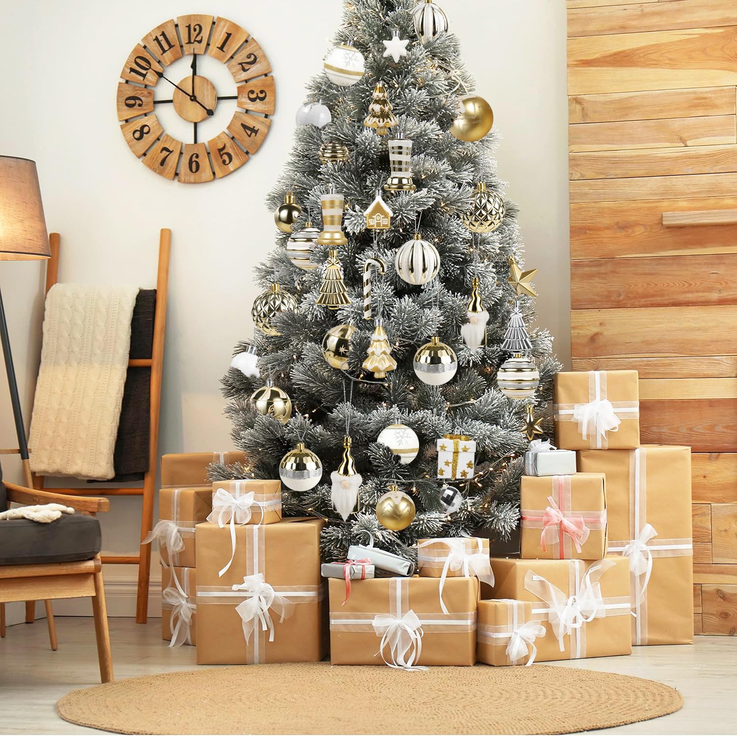 gold Christmas ornaments on a Christmas tree