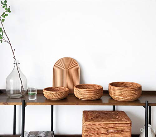 Set of 3 Natural Rattan Round Basket Bowls