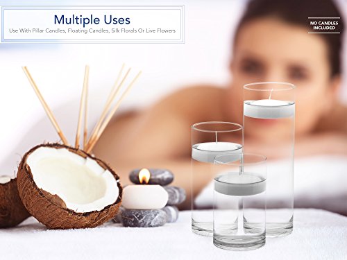 Set of 3 Glass Cylinder Centerpiece Vases with multiple uses - use with pillar candles, floating candles, artificial florals or flowers