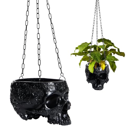 Hanging skull planter pot for outdoor Halloween decoration