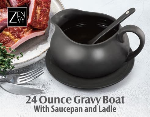 black gravy boat with saucepan and ladle