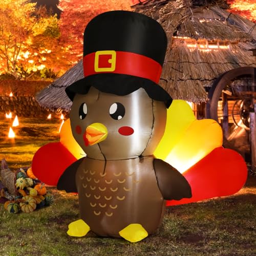 5 FT Tall Thanksgiving Inflatable Turkey Baby in Pilgrim Hat with LEDs