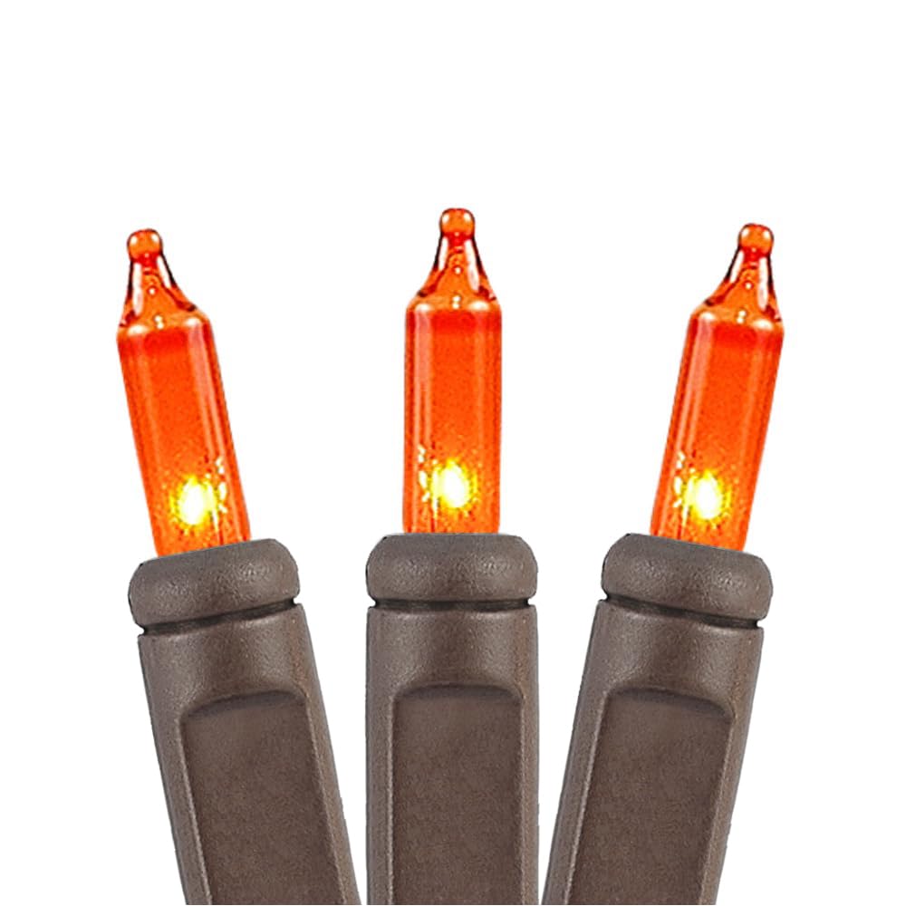 50 Feet 100 Bulbs Incandescent Mini Lights, Amber on Brown Wire Indoor/Outdoor