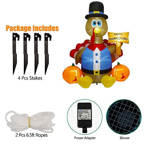 6FT Lighted Happy Thanksgiving Inflatable Turkey with Pilgrim Hat Features