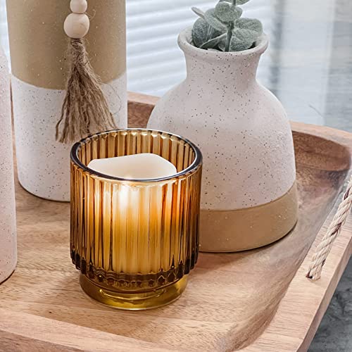 Amber Vintage Ribbed Glass Tealight Candle Holder Set