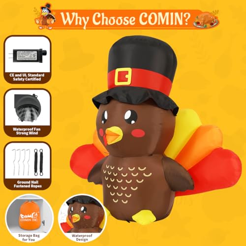 5 FT Tall Thanksgiving Inflatable Turkey Baby in Pilgrim Hat with LEDs
