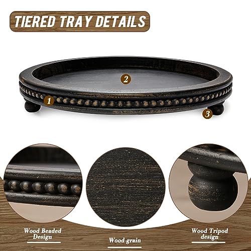 black and woodgrain beaded decorative tray with tripod feet design