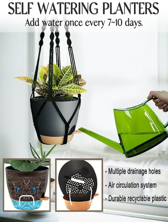 3 Pack Black Self Watering Macrame Hanging Planters