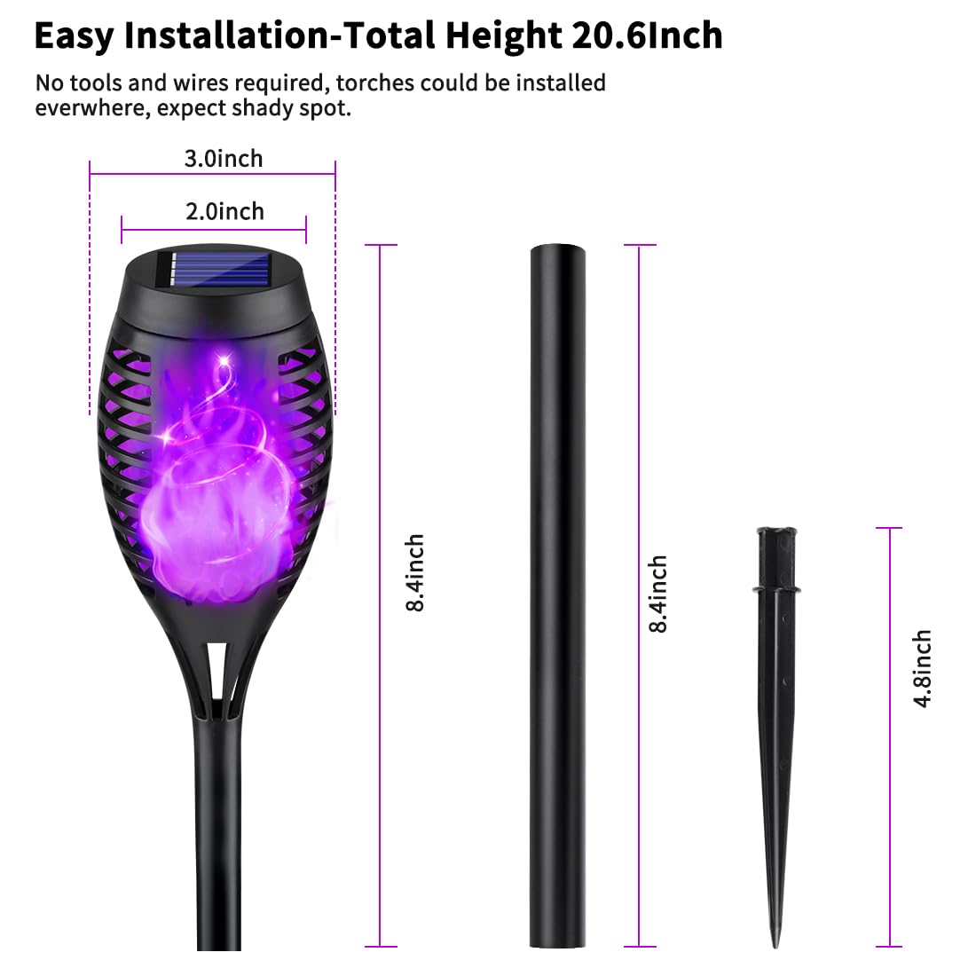 8Pack Halloween Outdoor Solar Lights with Purple Flame - Product Parts