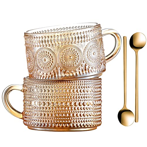 Set of 2 Amber Vintage Coffee Mugs 14 Oz with Embossed Design