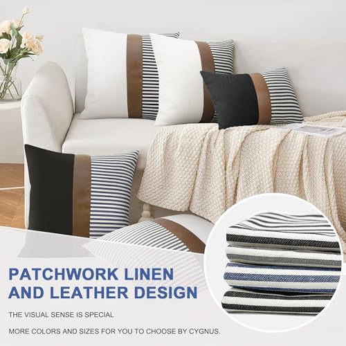 Patchwork Linen and Leather Design Throw Pillow Covers
