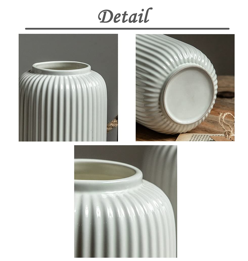Glossy White Ceramic Ribbed Vase Detail
