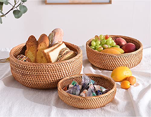 Set of 3 Natural Rattan Round Basket Bowls for serving or storage