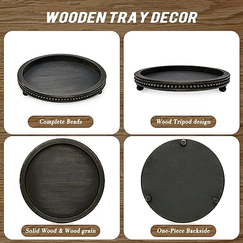 Black Handmade Round Wooden Decorative Tray With Beaded Design