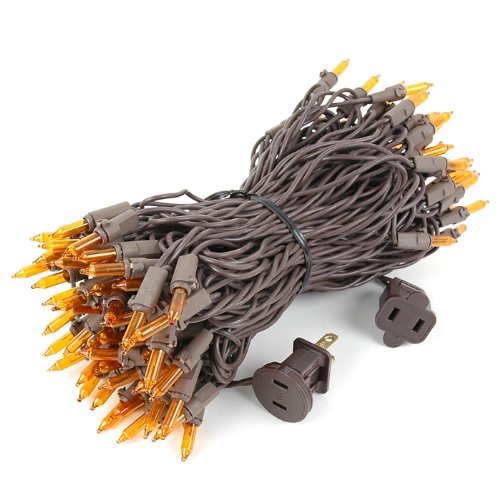 50 Feet 100 Bulbs Incandescent Mini Lights, Amber on Brown Wire Indoor/Outdoor