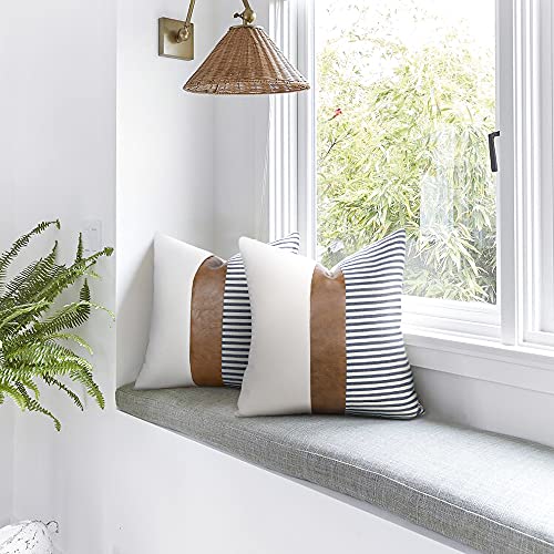 set of 2 cognac brown faux leather and linen pillow covers