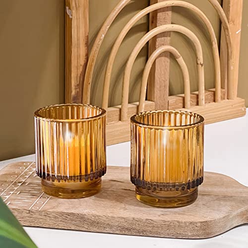 Amber ribbed fall candle holder set