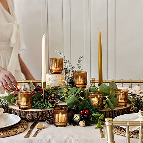 Amber Glass Tealight Candle Holder Set - Fall and Holiday Candle Decor