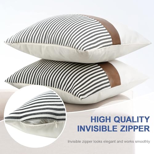 striped cotton fabric with faux leather accent decor