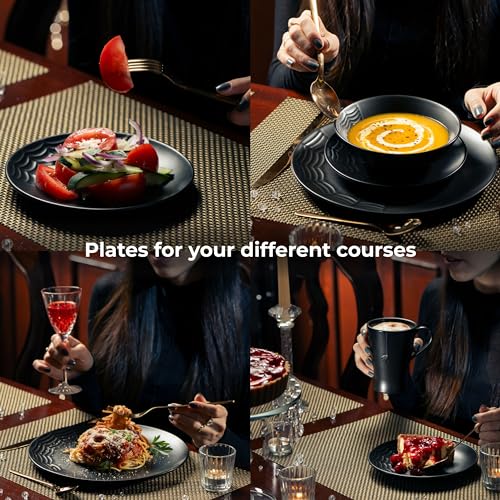 spider web design gothic matte black dishware set with large plates, medium plates and bowls