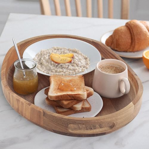 Oval Acacia Wood Tray with Handles - Decorative wood serving tray