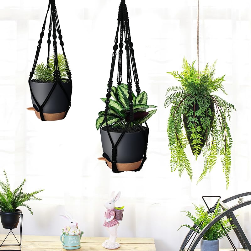 3 Pack Black Self Watering Macrame Hanging Planters