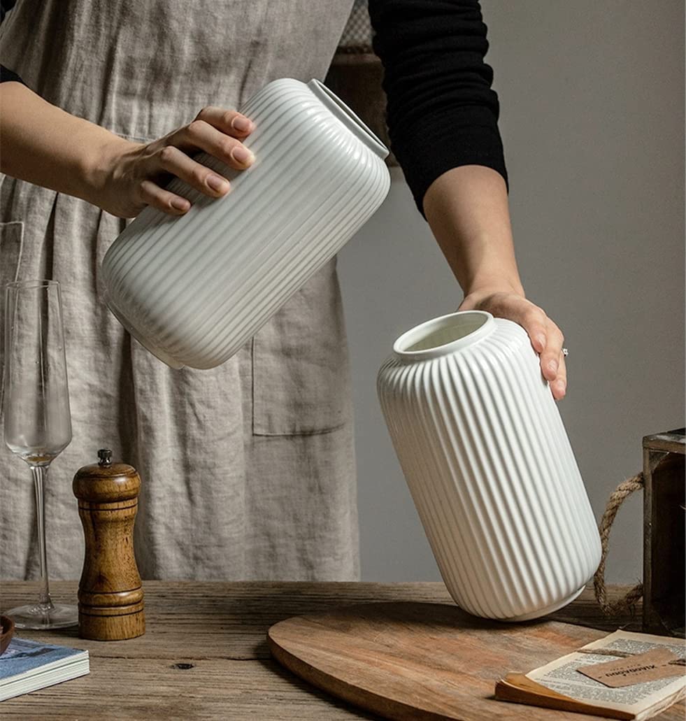 Farmhouse White Ribbed Ceramic Vase