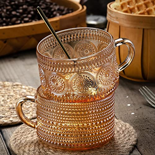 Amber vintage glass mugs with embossed design