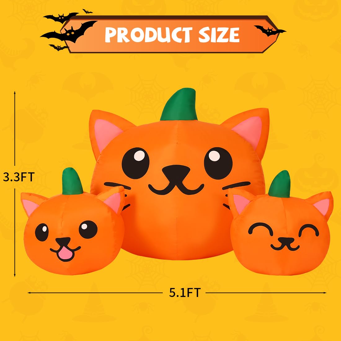 5FT Long Three Pumpkin Cat Head Combo with Built-in LEDs
