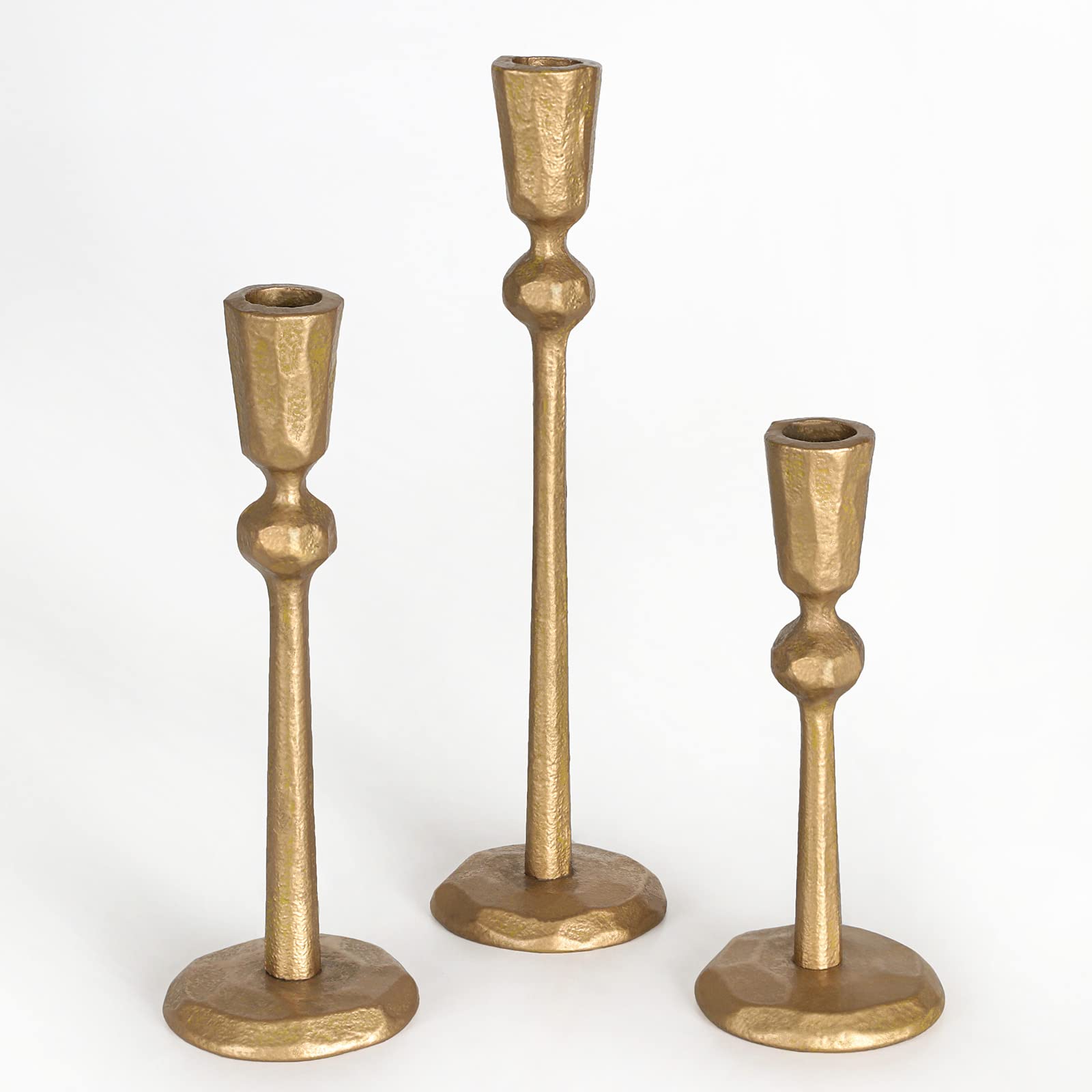Set of 3 Antique Brass Iron Taper Candle Holders