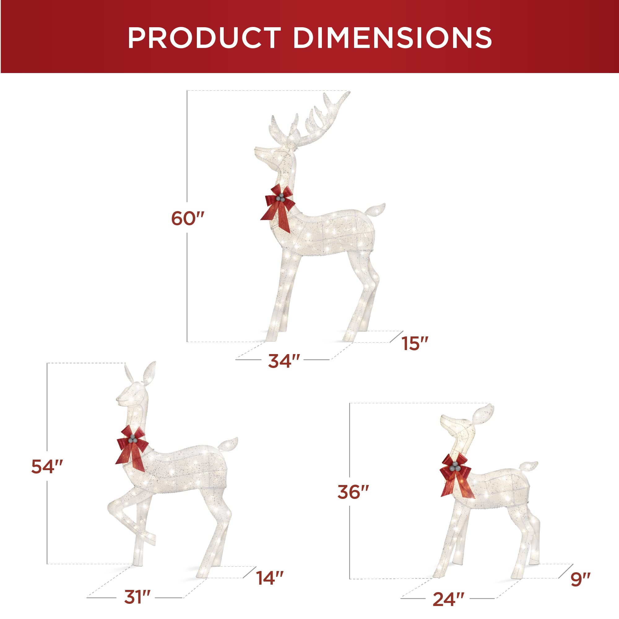 3-Piece Large Lighted Christmas Reindeer Family Set Sizes