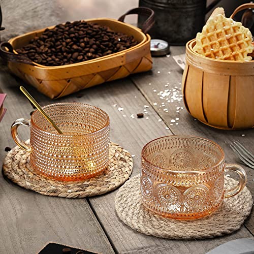 Vintage amber glass mug set with embossed design