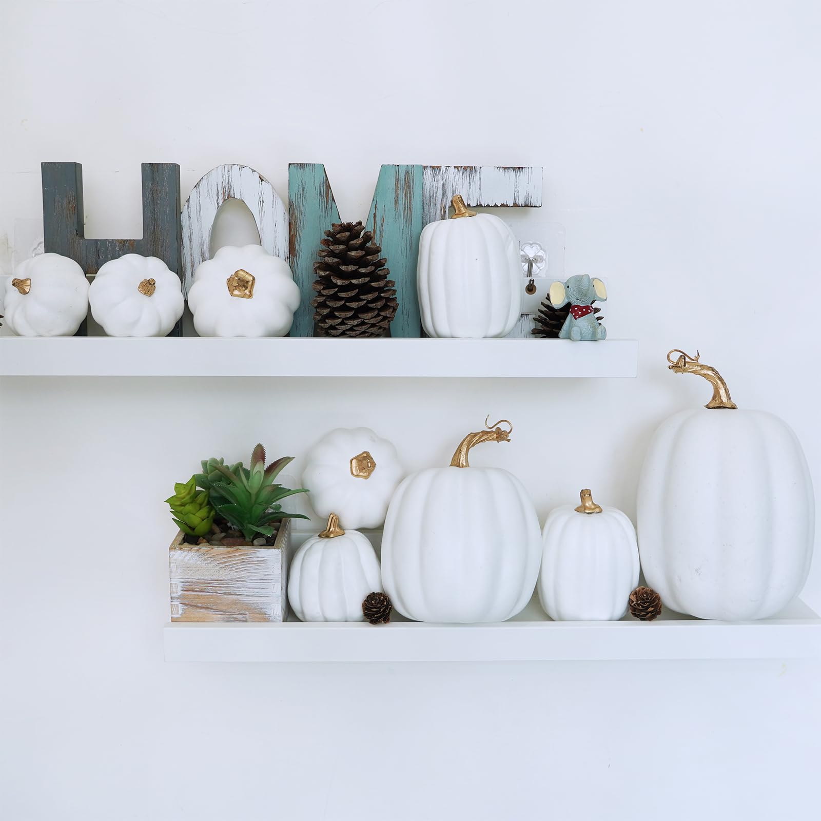 white pumpkins on shelves