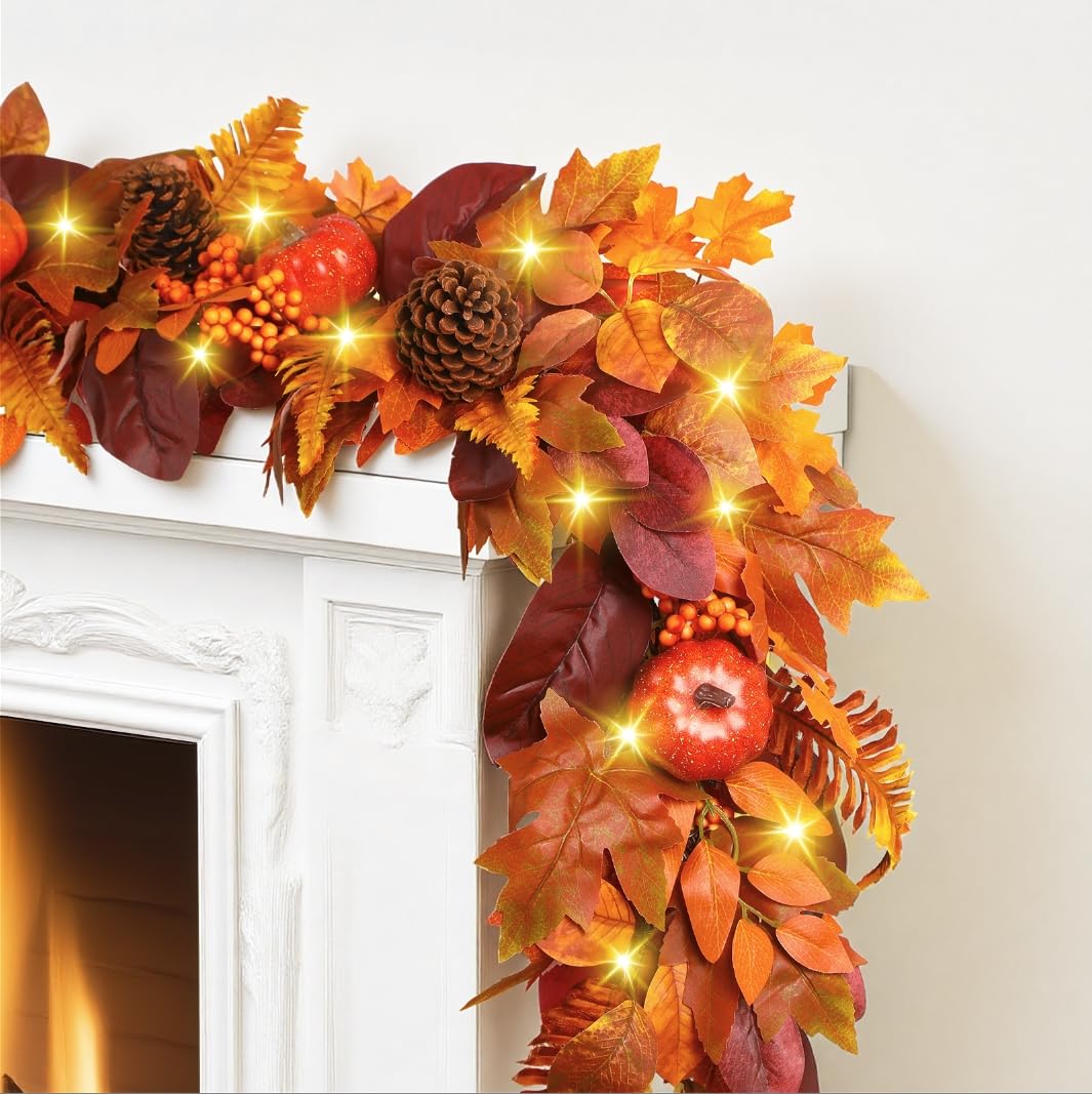 6ft Orange Fall Garland with Lights Indoor/Outdoor