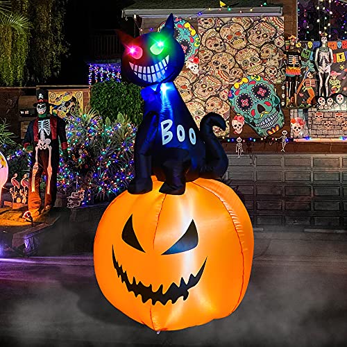 Black cat on pumpkin inflatable Halloween decoration with LED lights