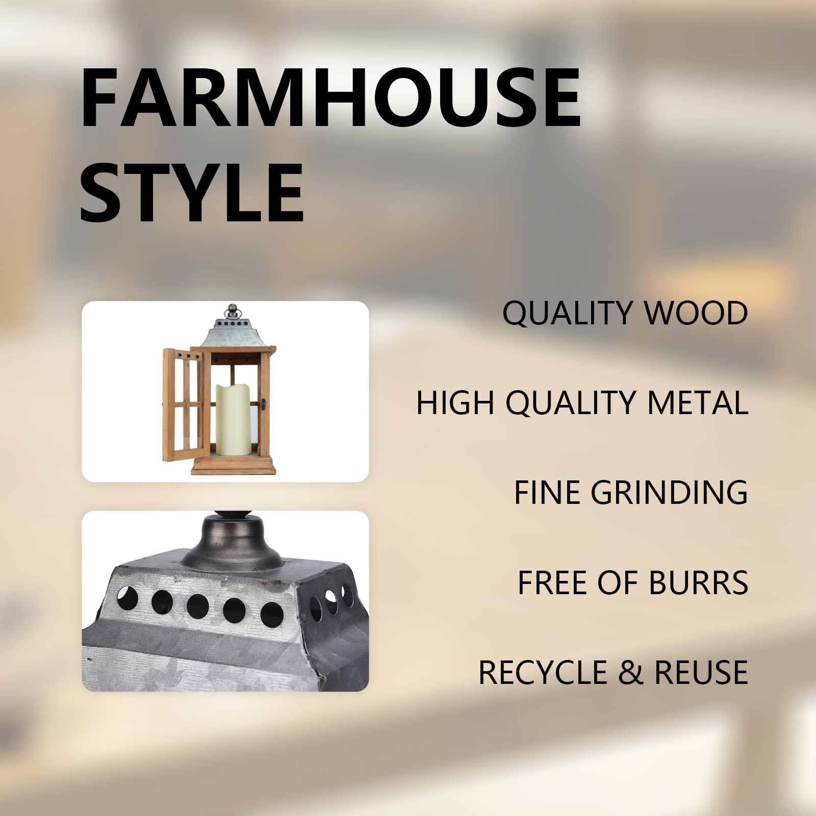 Farmhouse style product with text and images of a lantern and metal top, with list of features.