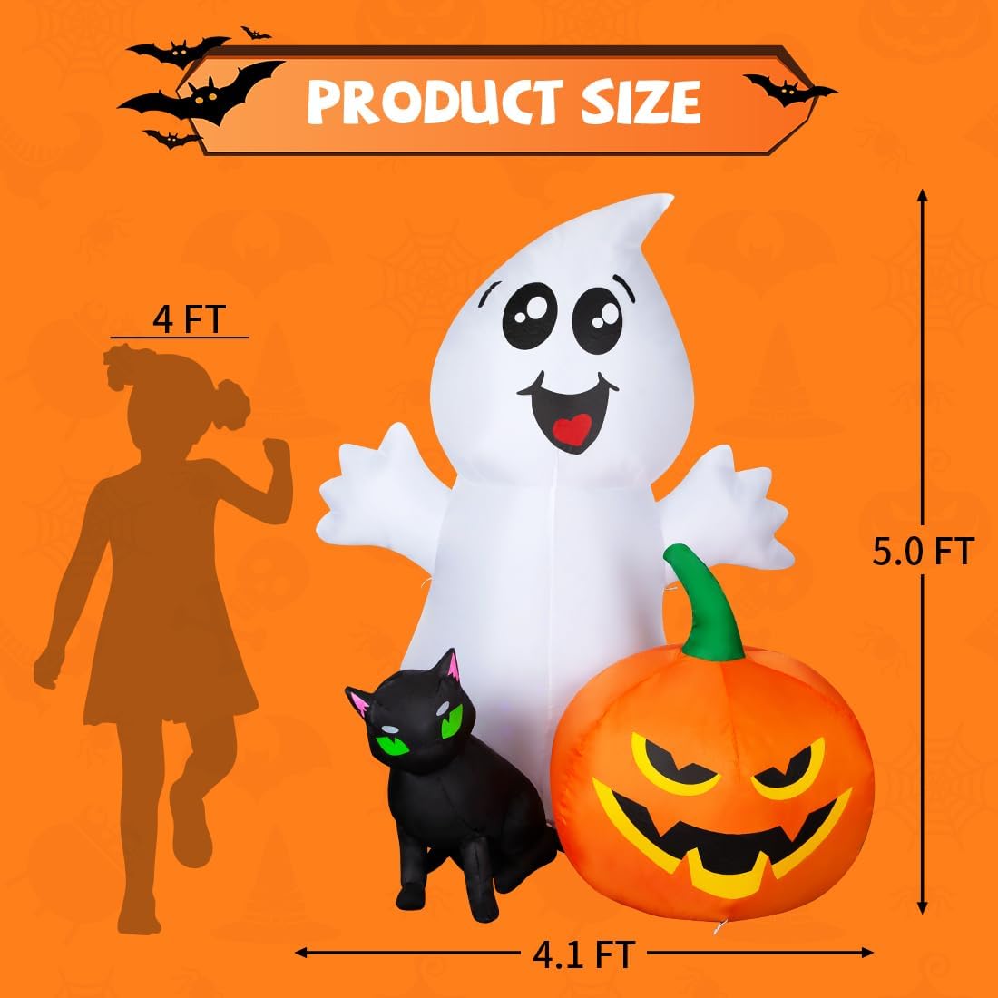 5FT Ghost with Black Cat and Pumpkin Halloween Inflatable