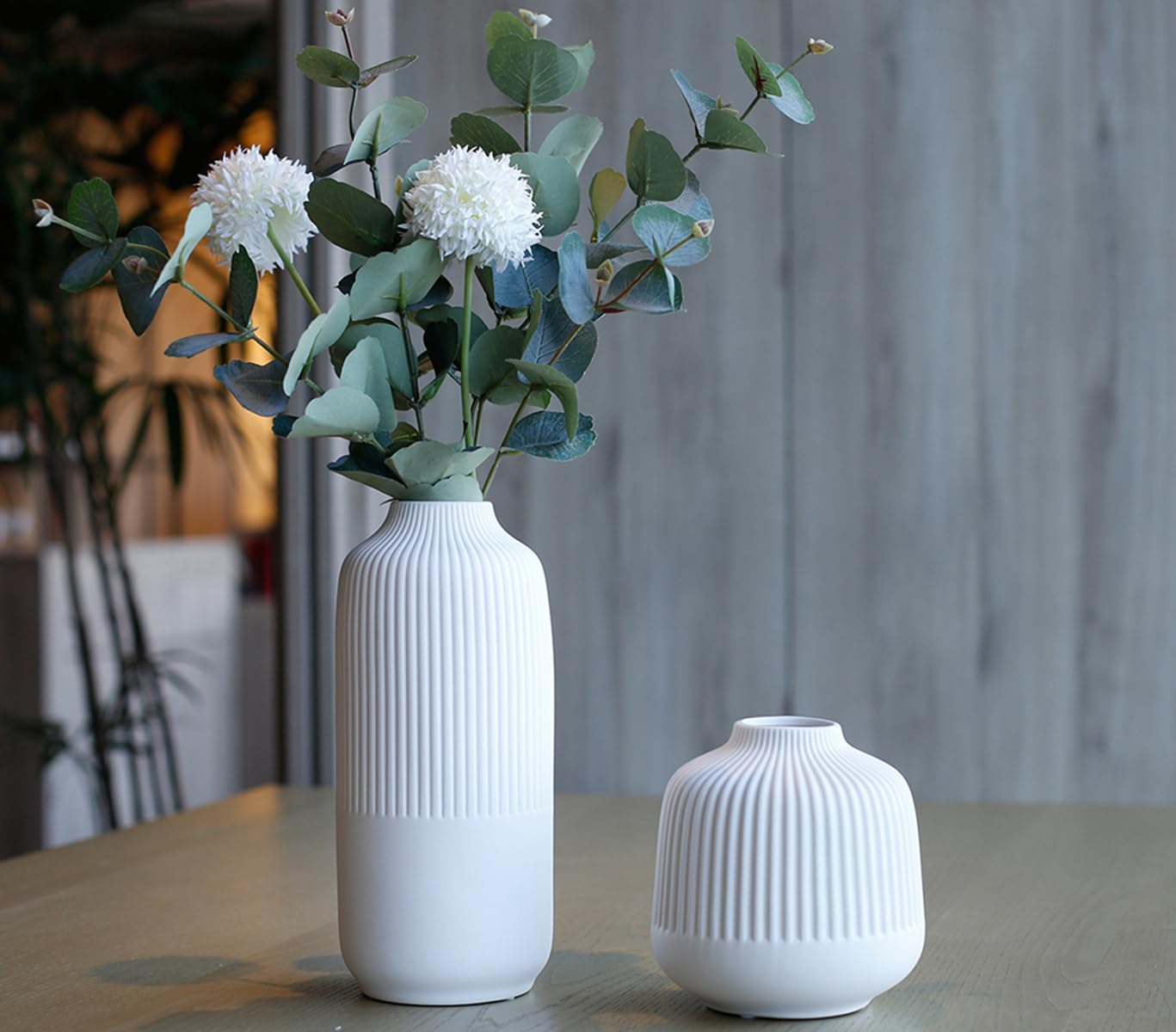 ribbed textured white vases