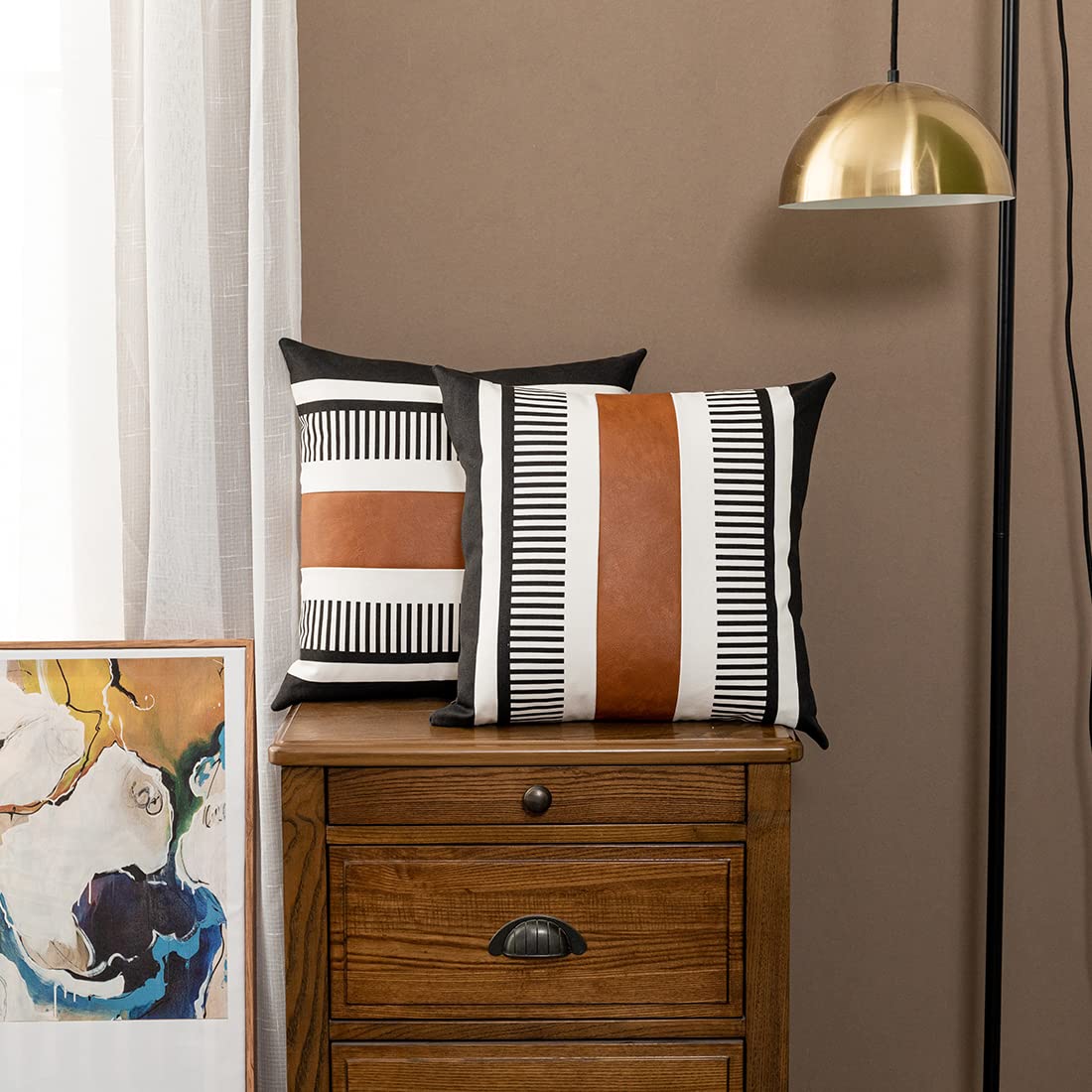 Pillow Covers with black and white striped pattern with faux leather accent