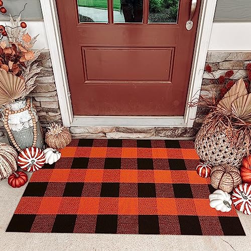 Fall Outdoor Rug Orange Black Buffalo Plaid