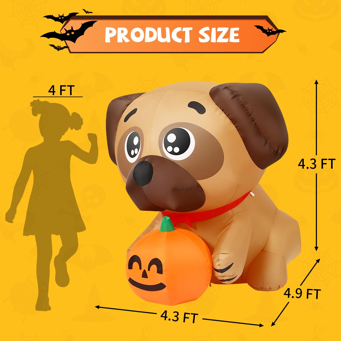 5 FT Pug Holding Pumpkin Inflatable with Built-in LEDs