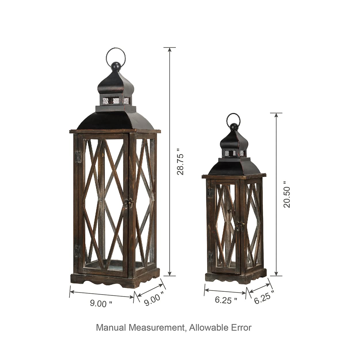 Two wooden lanterns with dimensions indicated on a white background