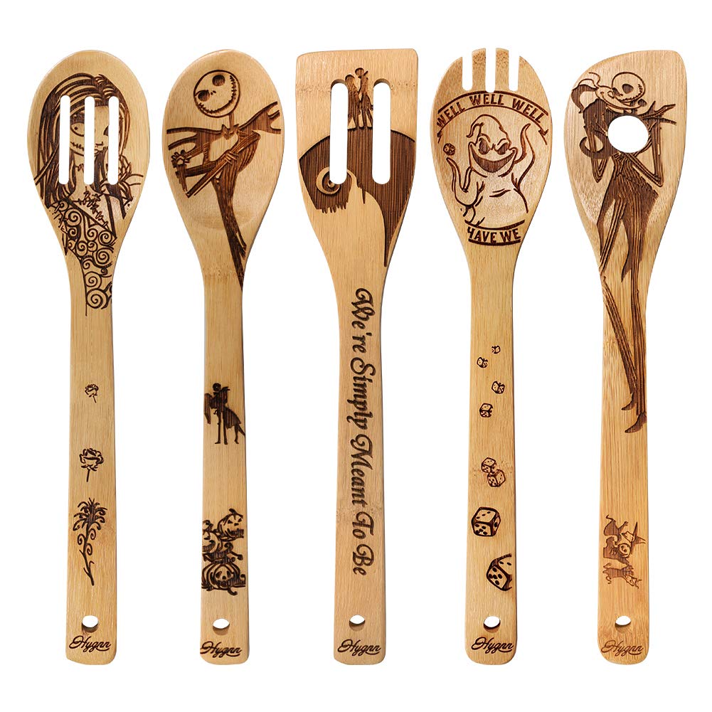Burned Halloween Design 5 Piece Wooden Spoons Set