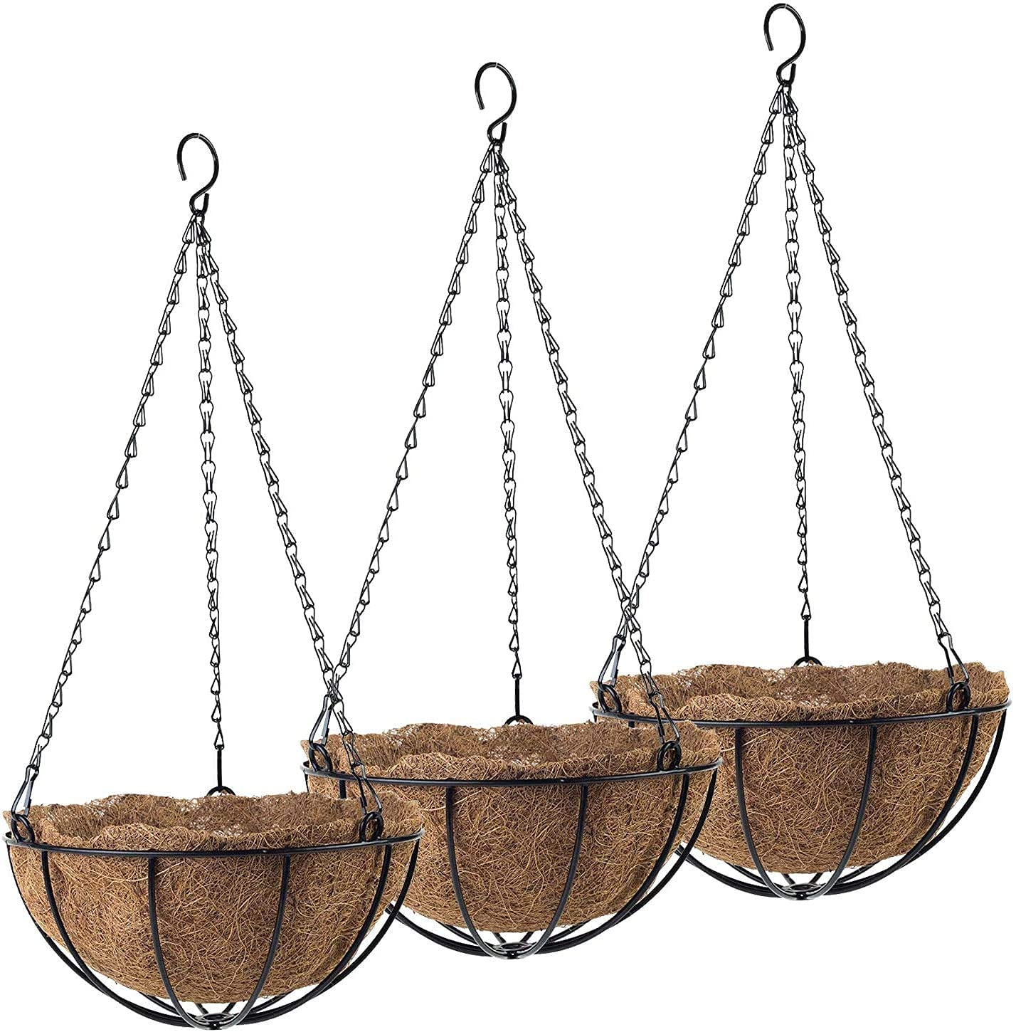Three hanging black metal planters with a coco fiber liner on a white background