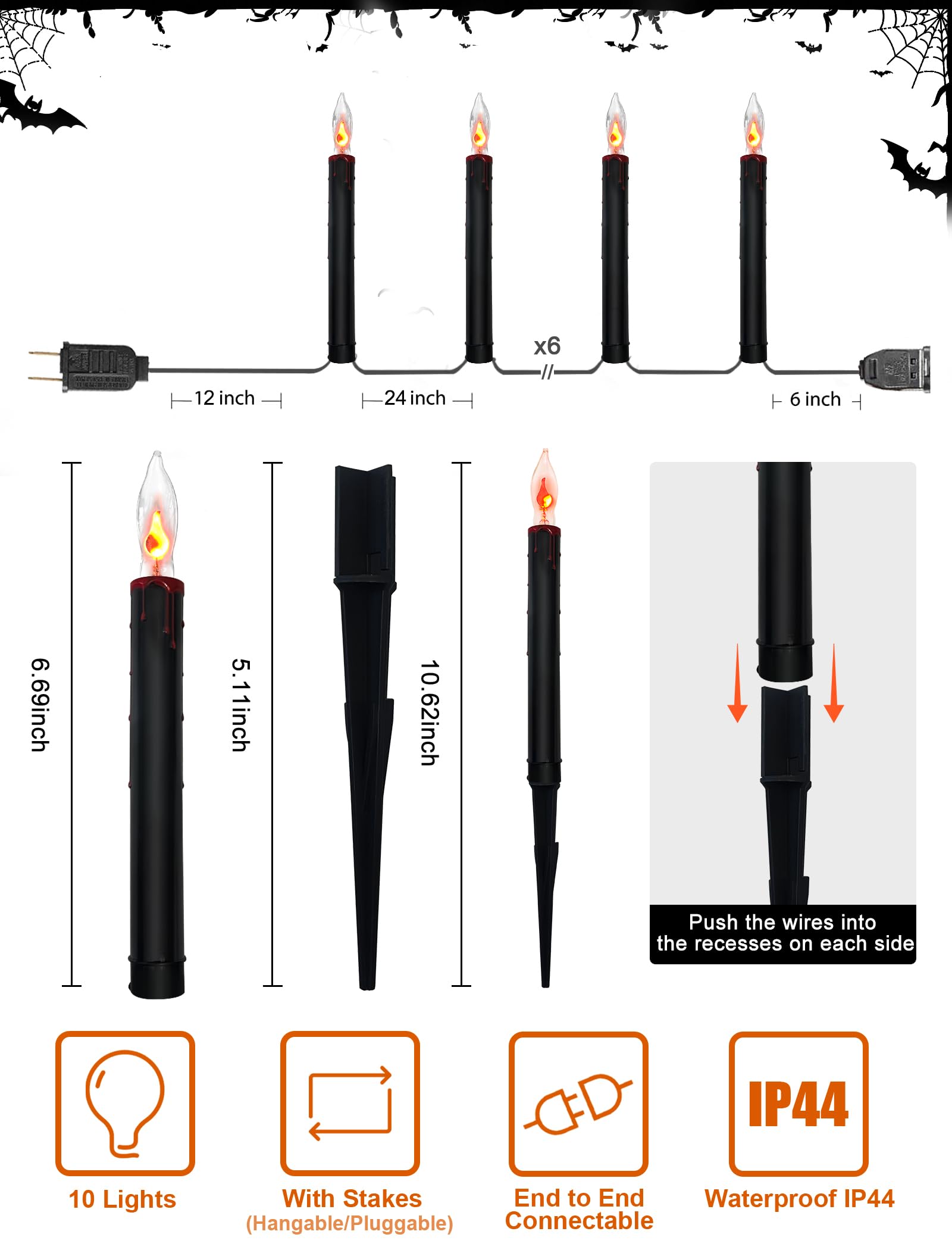 19.5Ft 10 Flicker Flame Black Candles Stakes Outdoor Pathway Lights Waterproof