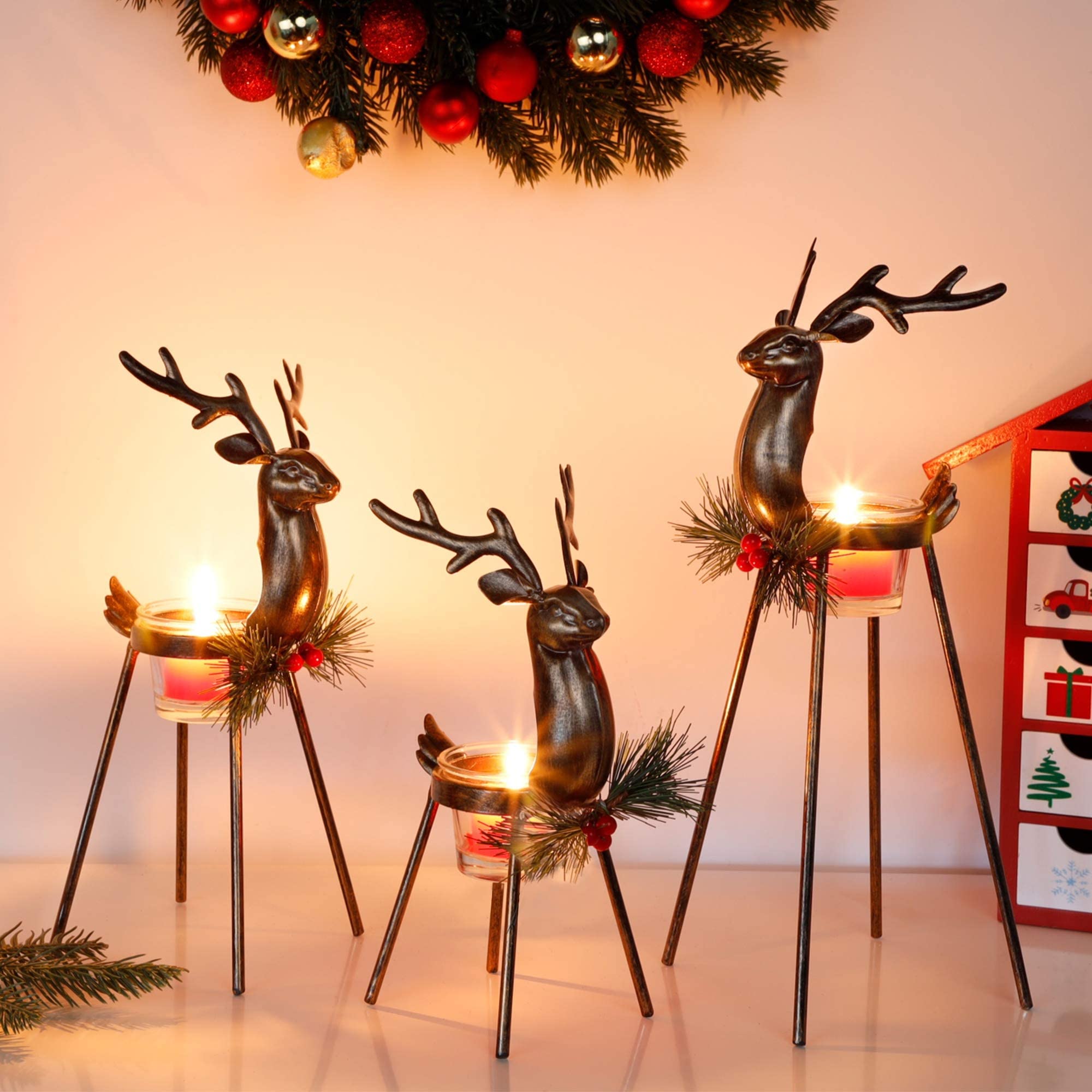 Set of 3 Reindeer Tealight Candle Holders for Christmas Decorating