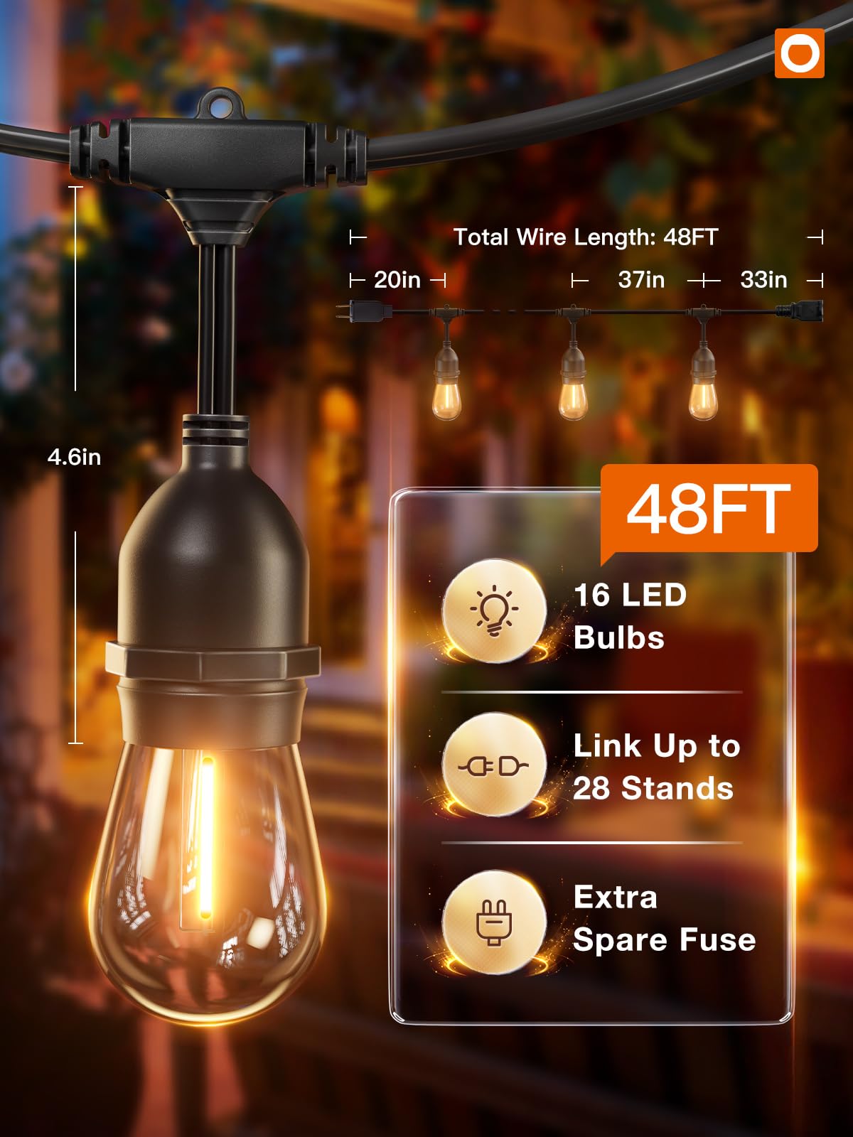 48 Ft Edison Bulb Outdoor String Lights Features