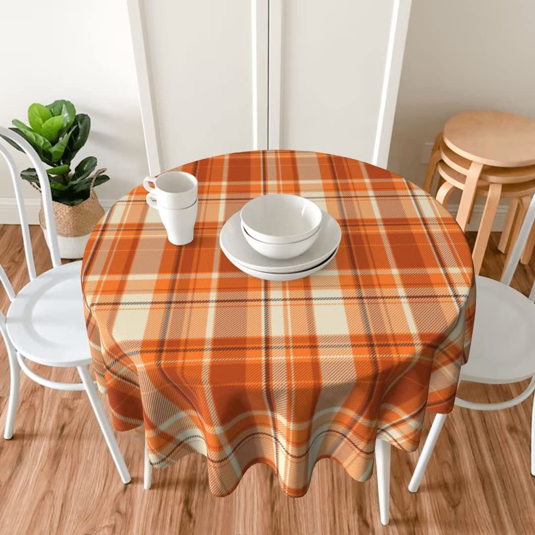 Round Autumn Thanksgiving Orange Plaid Table Cloth