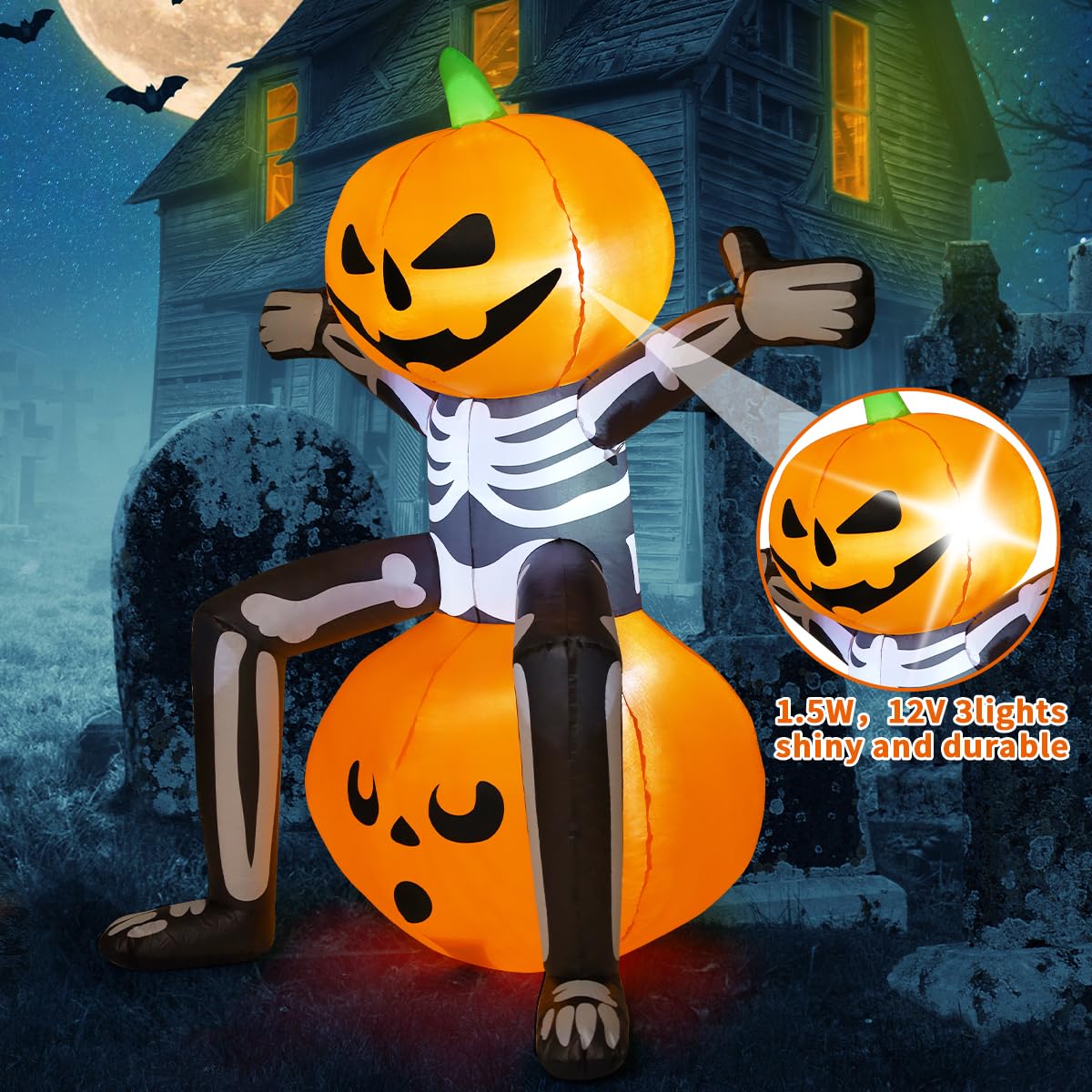 5FT Skeleton With Pumpkin Head Inflatable Sitting on Pumpkin