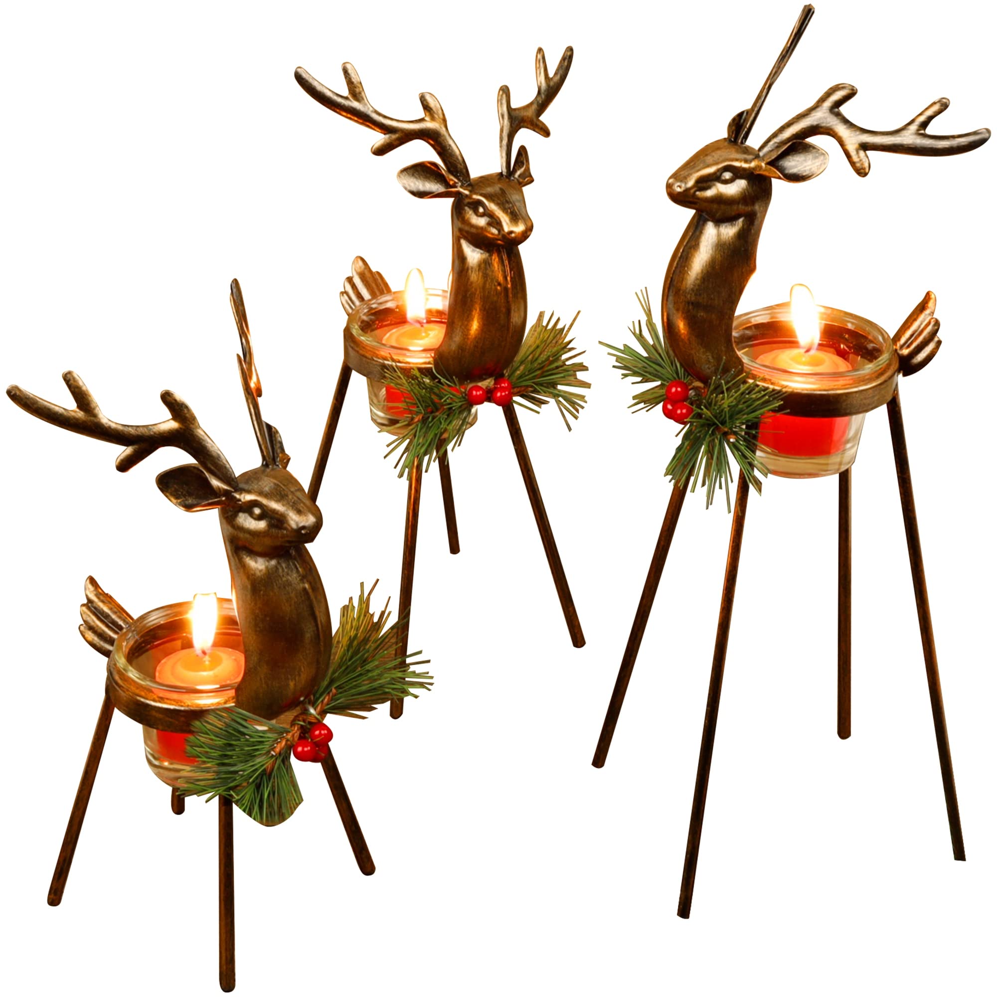 3 Pack Bronze Finished Metal Reindeer Candle Holders